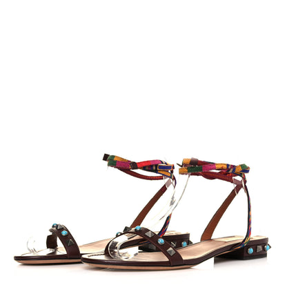 Valentino Garavani Calfskin Embroidered Rockstud Rolling Wrap Sandals 39 Brown 3 of 8