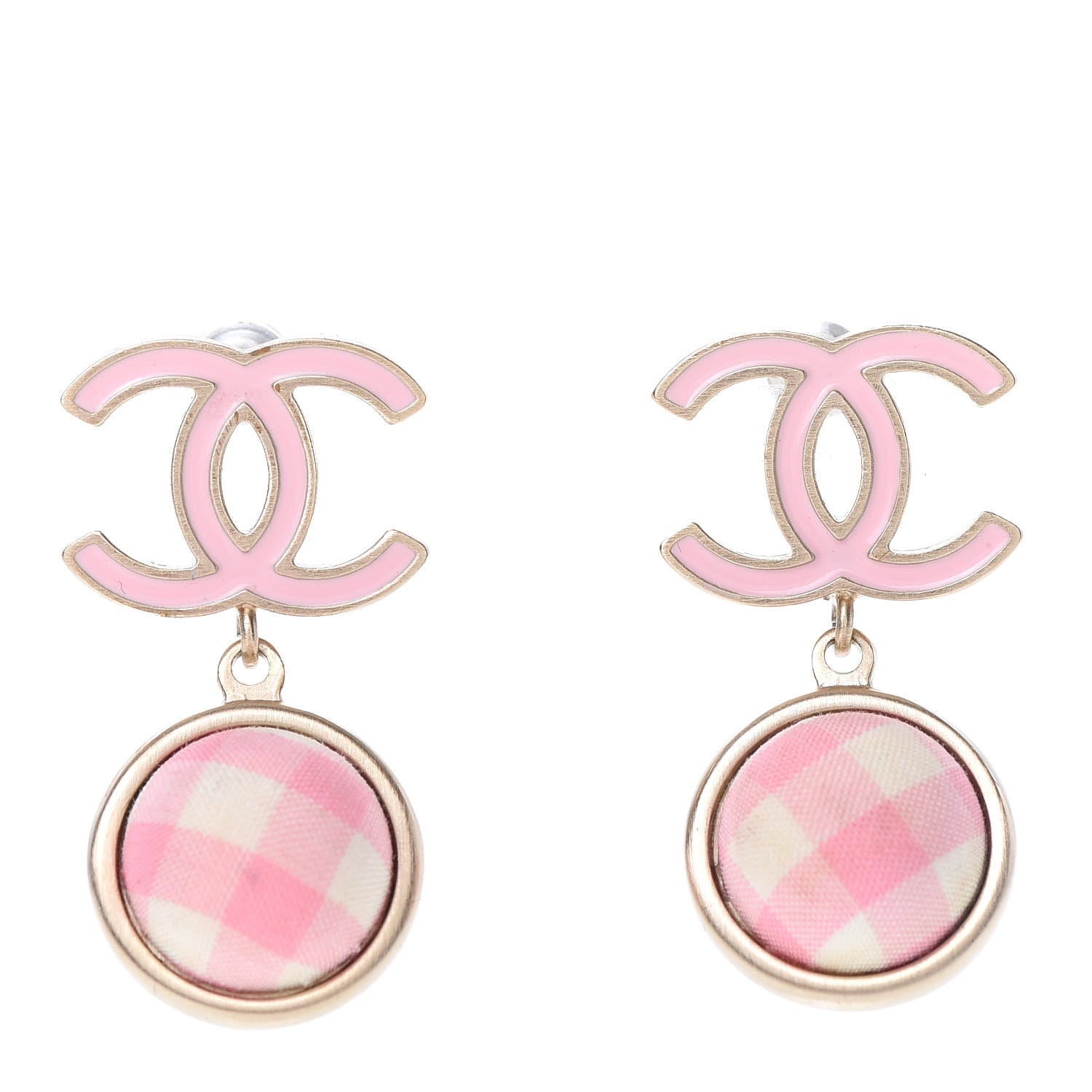 Chanel Silk Enamel Plaid CC Earrings Pink White 1 of 6