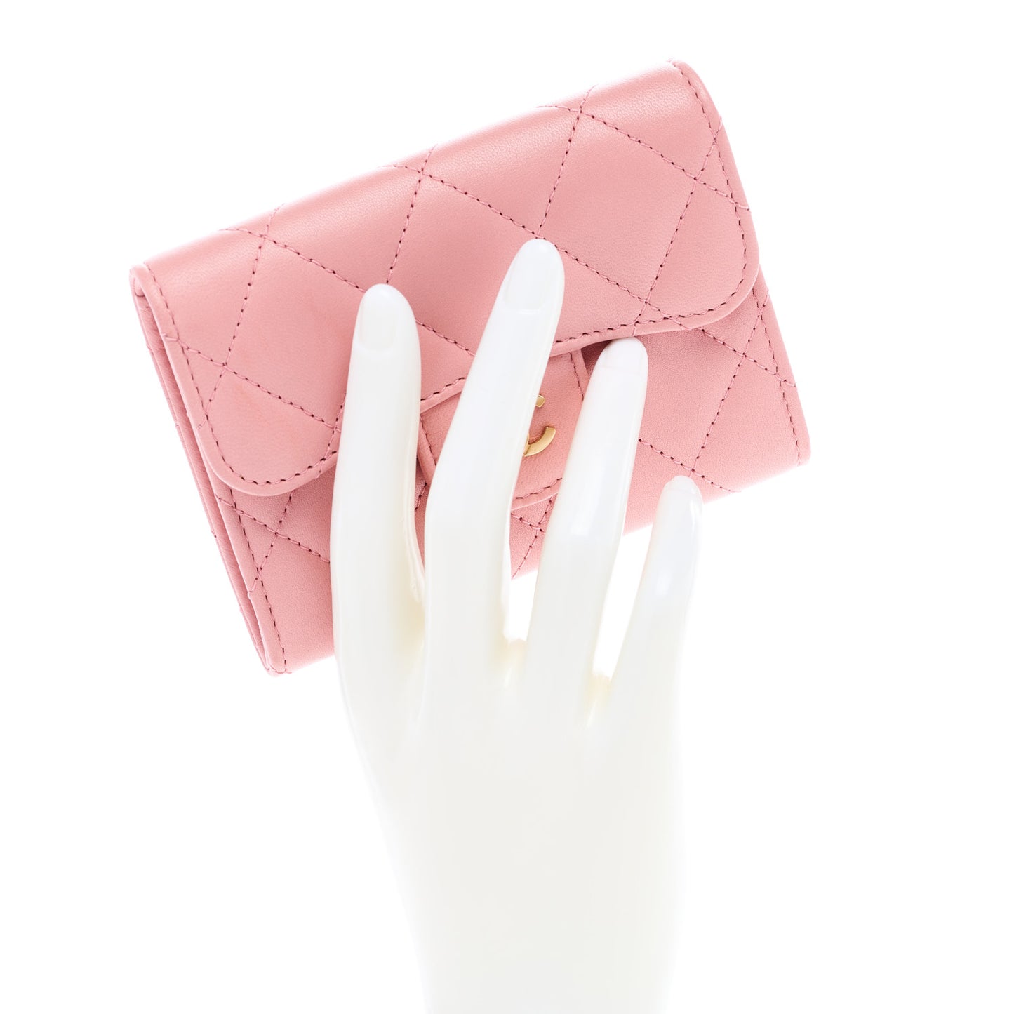 Lambskin Quilted Flap Card Holder Wallet Pink
