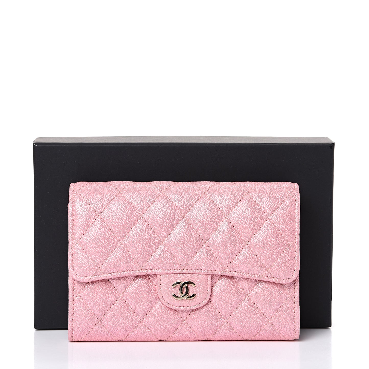 Iridescent Caviar Quilted Medium Flap Wallet Rose Pink