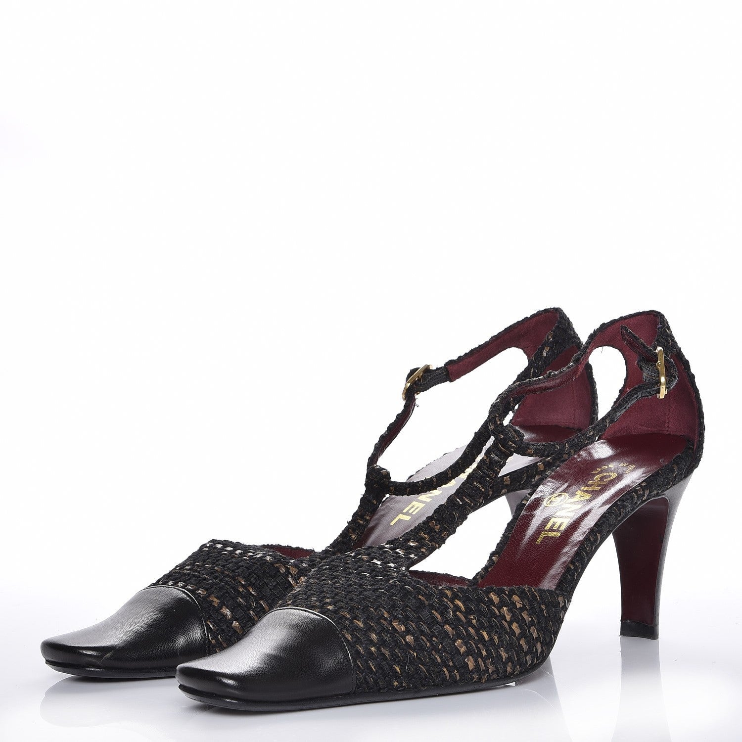 Chanel Tweed Lambskin Cap Toe T-Strap Pumps 39 Brown 3 of 8