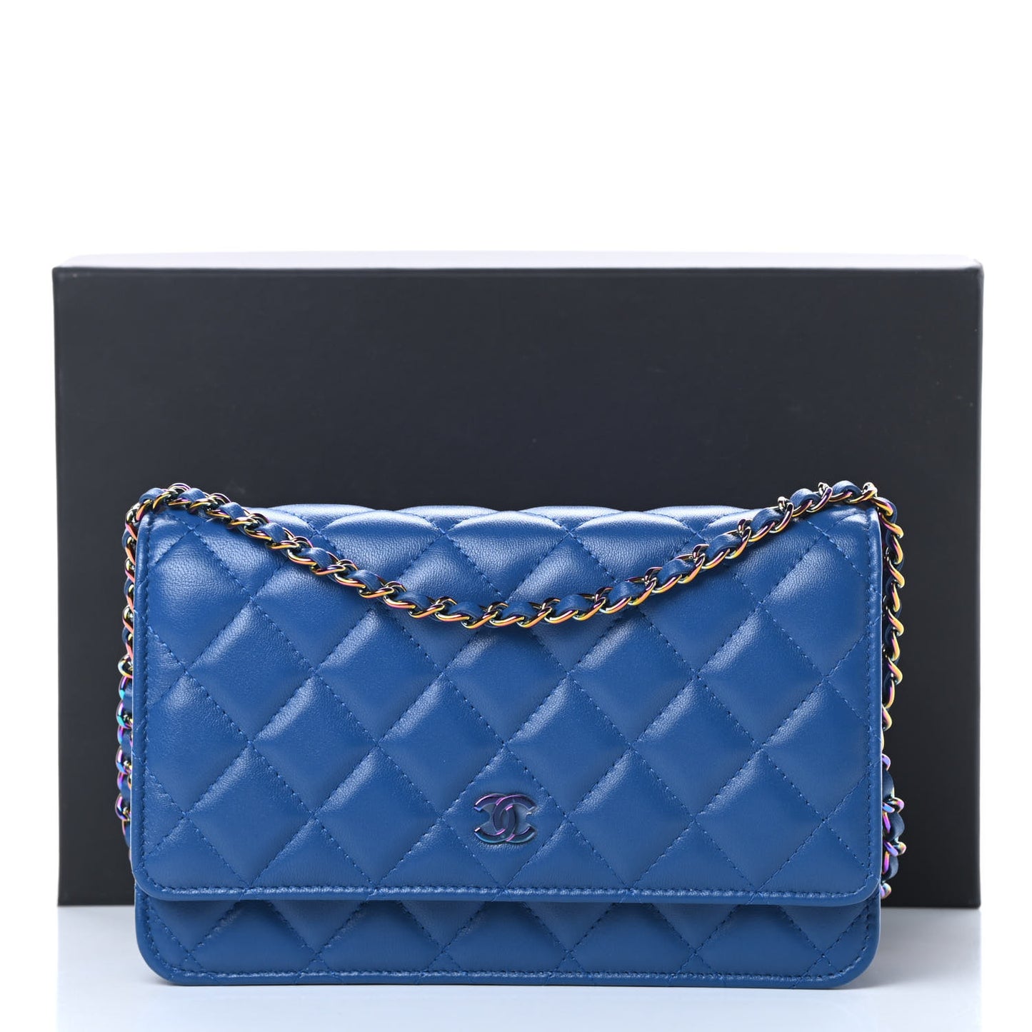 Lambskin Quilted Wallet On Chain WOC Dark Blue Pink