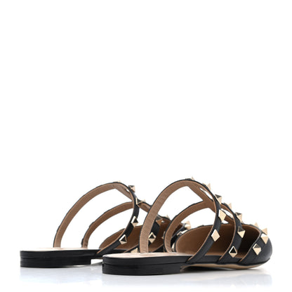 Valentino Garavani Pebbled Calfskin Rockstud Flat Cage Mules 37.5 Black 3 of 4