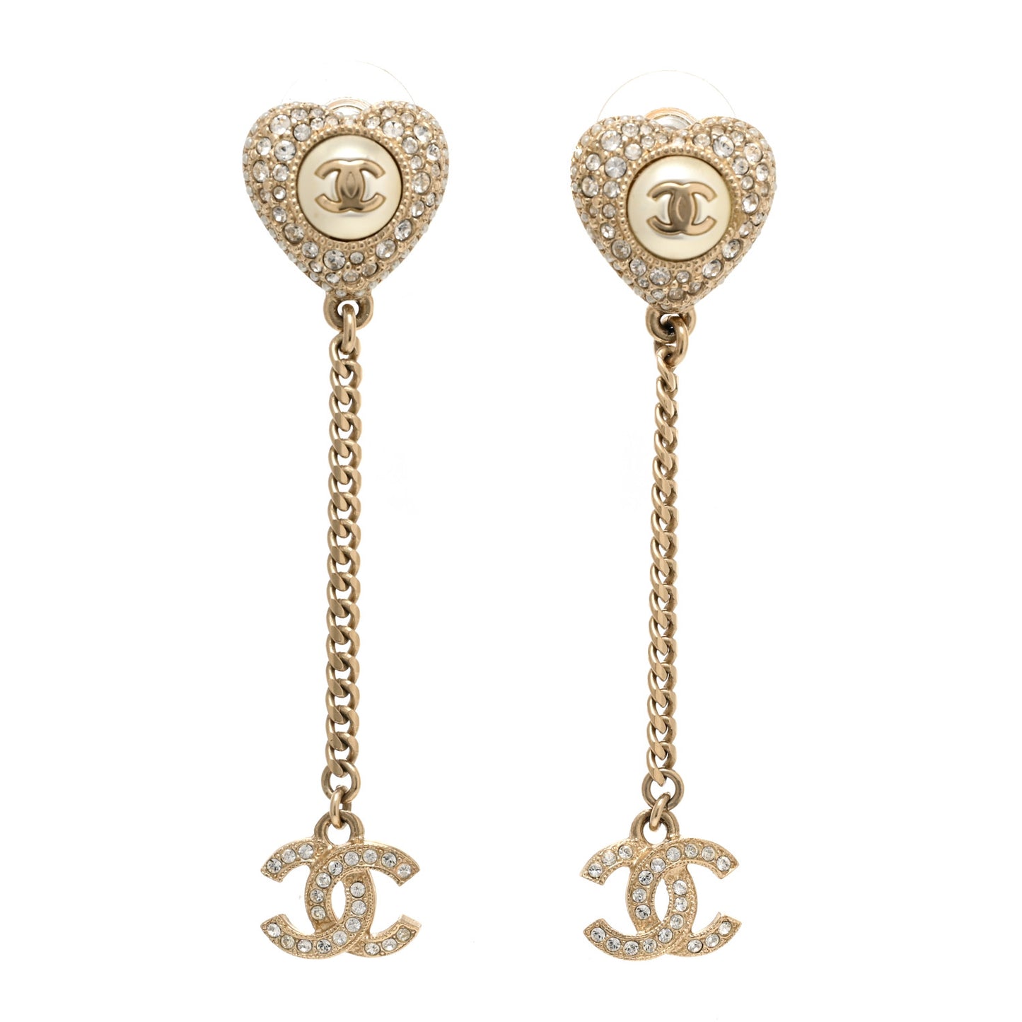 Pearl Crystal CC Heart Drop Earrings Gold White