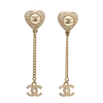 Chanel Pearl Crystal CC Heart Drop Earrings Gold White 1 of 4
