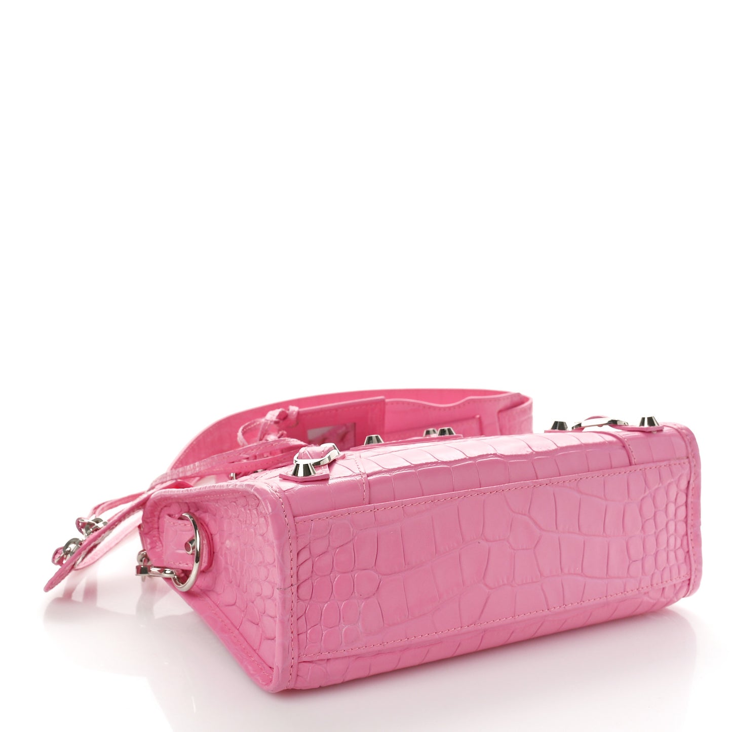 Shiny Supple Calfskin Crocodile Embossed Classic Silver Hardware Mini City Baby Pink