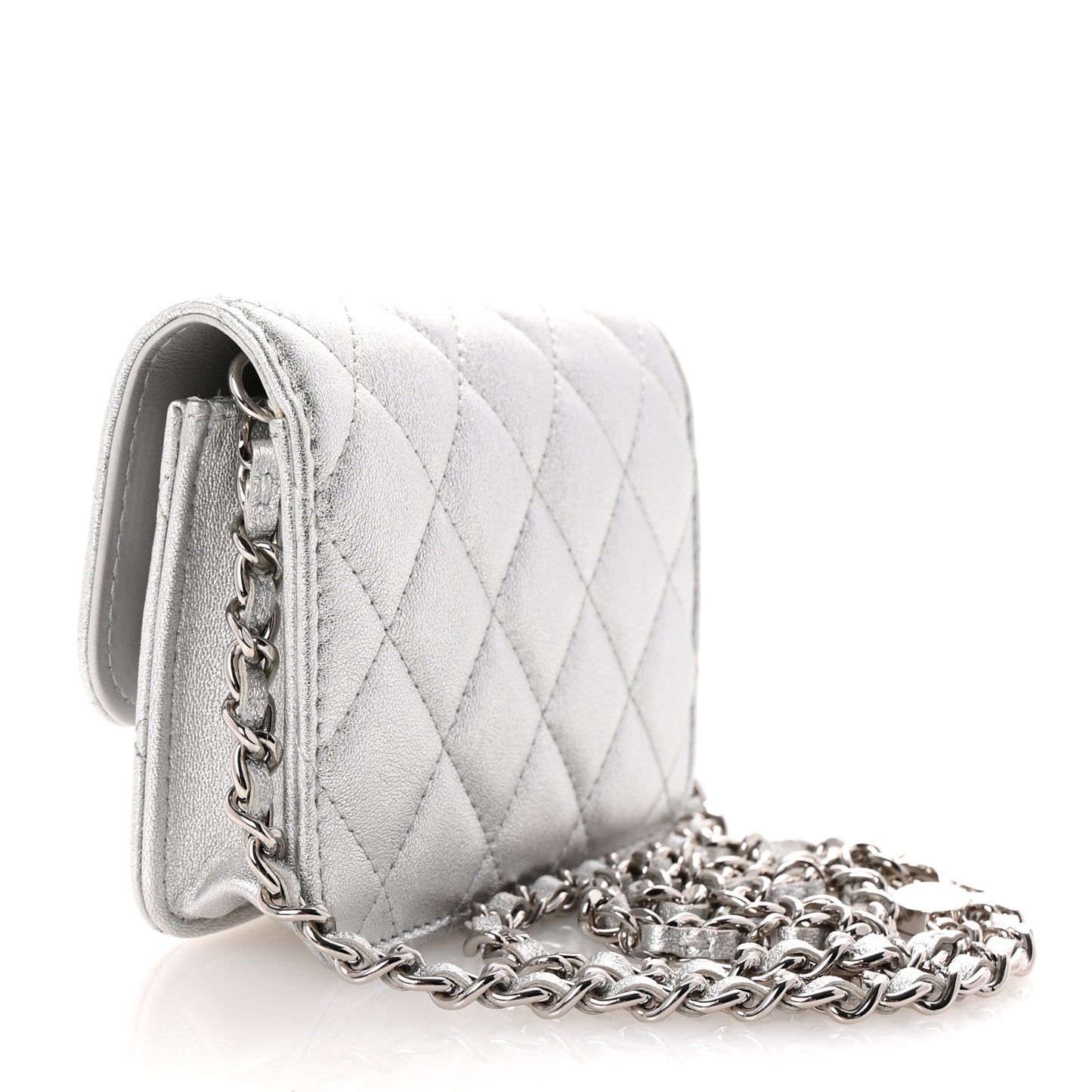 Metallic Goatskin Quilted Crystal CC Walk Of Fame Clutch With Chain Silver