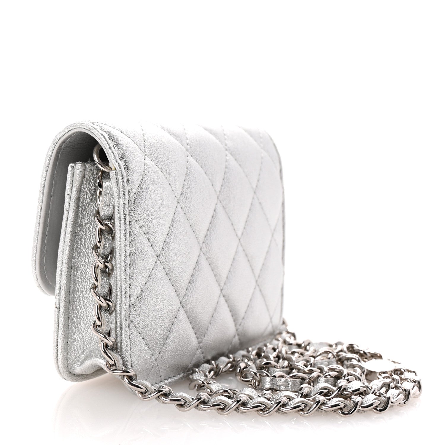 Chanel Metallic Goatskin Quilted Crystal CC Walk Of Fame Clutch With Chain Silver 2 of 9