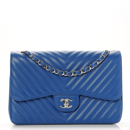 Chanel Caviar Chevron Quilted Jumbo Double Flap Blue 1 of 9