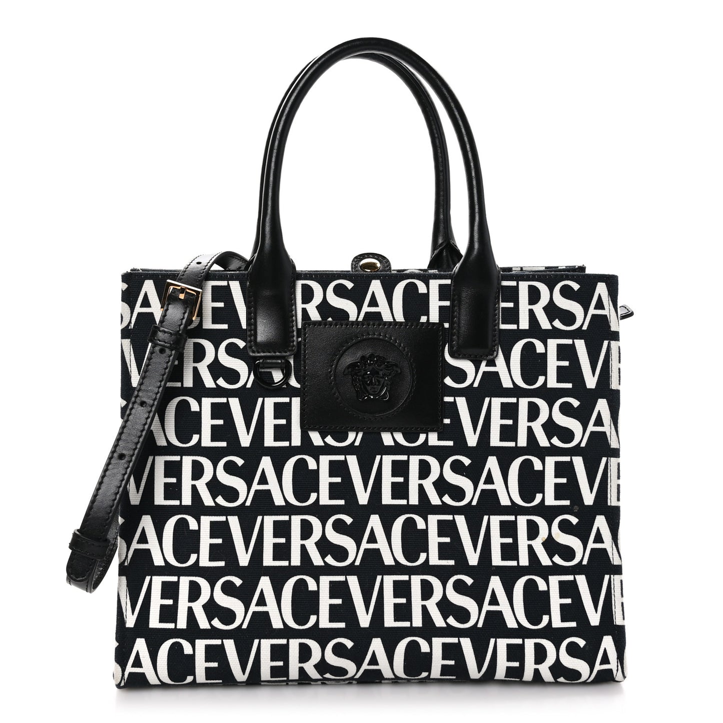 Canvas Calfskin Allover La Medusa Small Tote Black