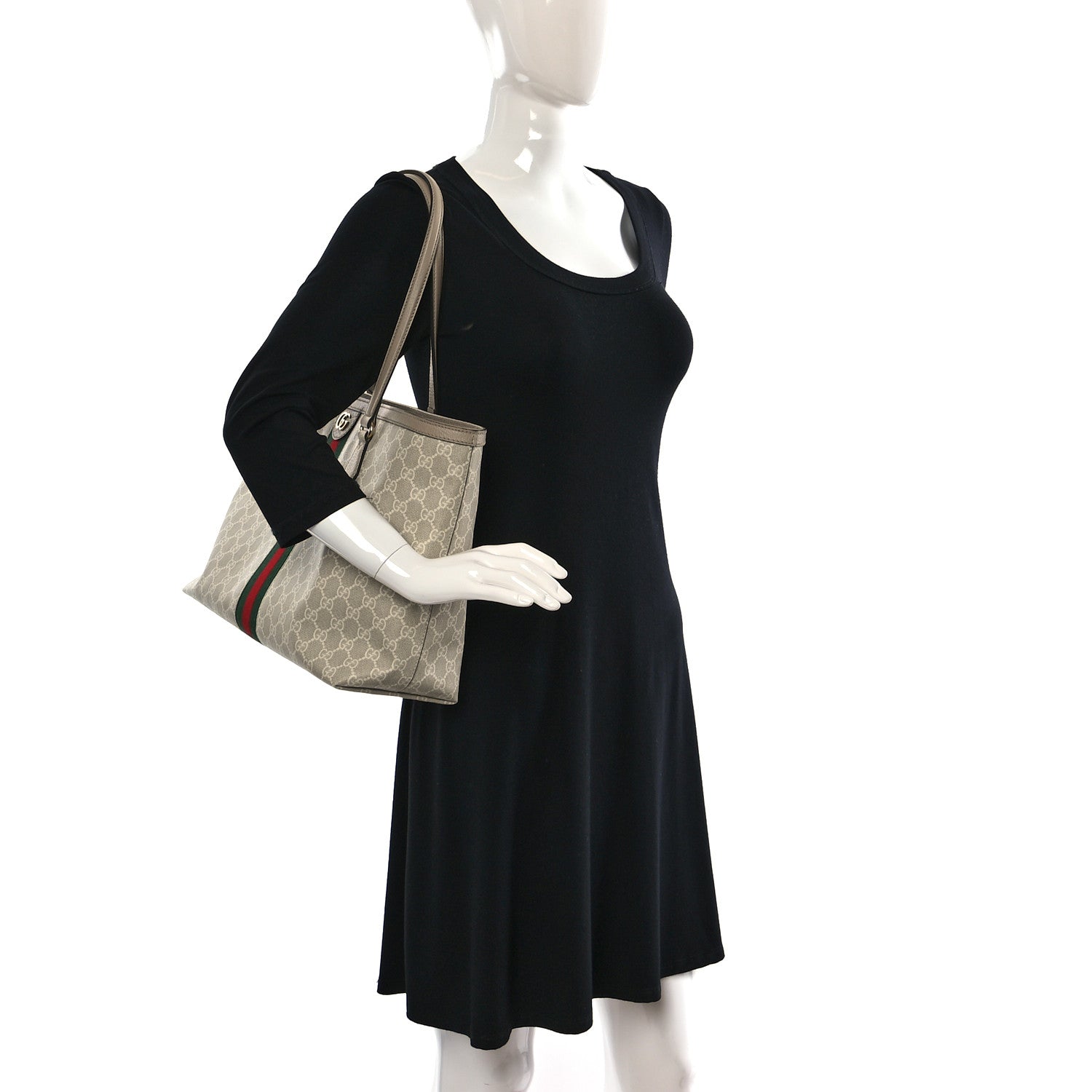 Gucci GG Supreme Monogram Textured Dollar Calfskin Web Medium Ophidia Shopping Tote Beige Mystic White Oatmeal 2 of 10