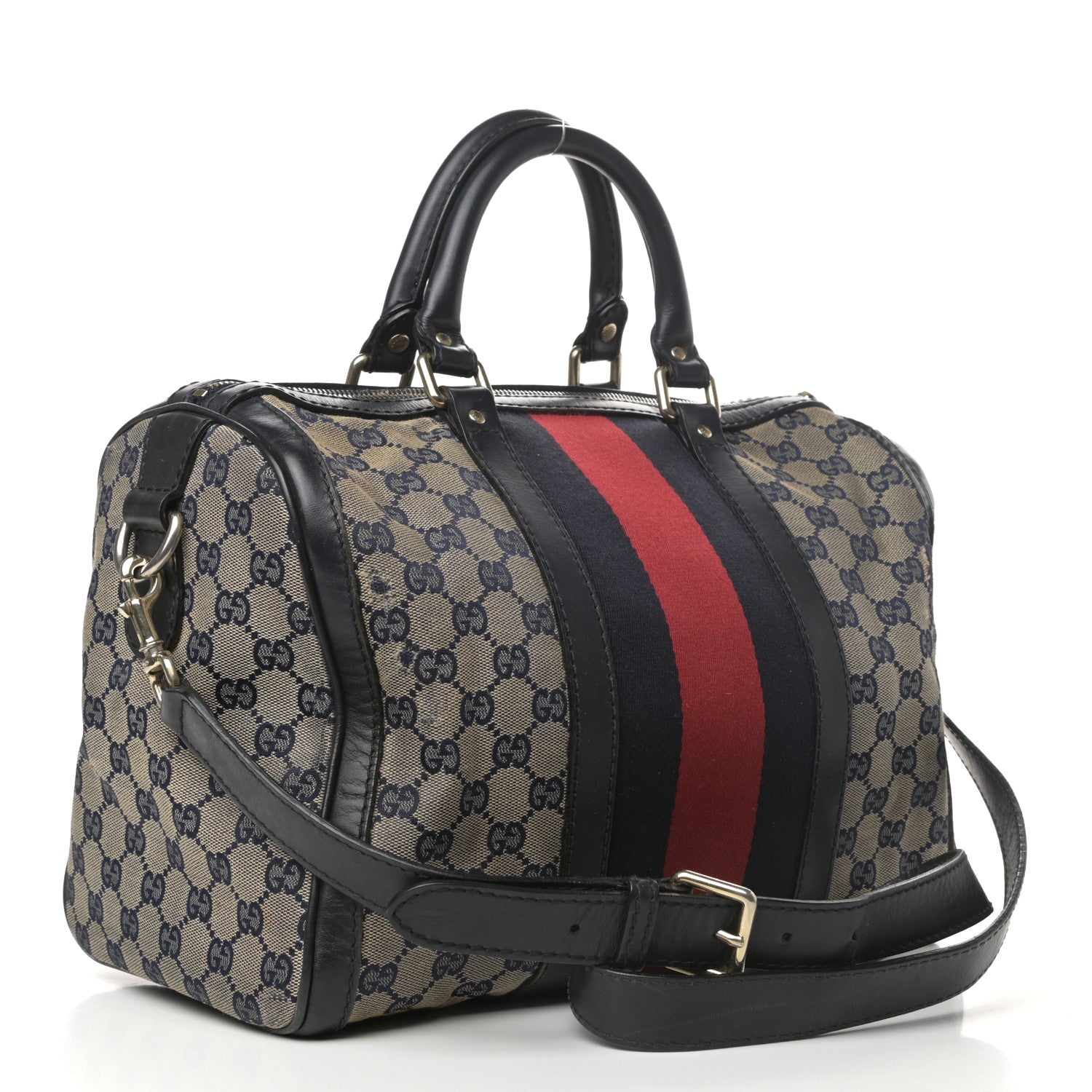 Gucci Monogram Selleria Calfskin Vintage Web Medium Boston Beige Blue 3 of 9