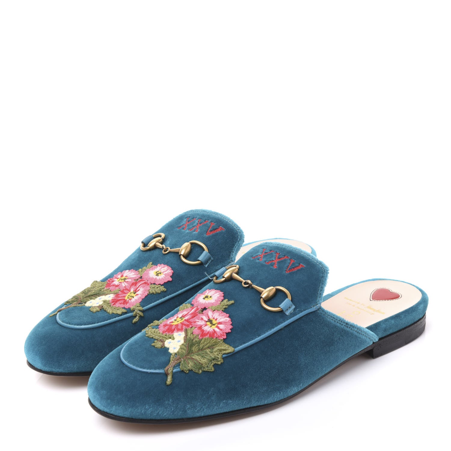 Gucci Velvet Floral Embroidered Womens Princetown Slippers 37.5 Pavone 2 of 9