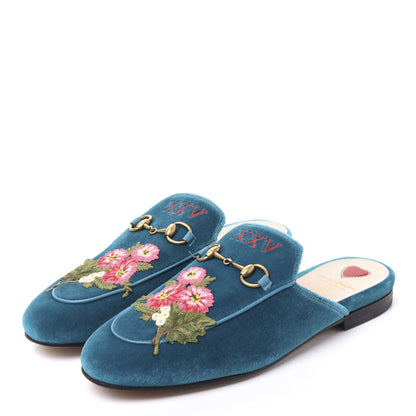 Gucci Velvet Floral Embroidered Womens Princetown Slippers 37.5 Pavone 2 of 9