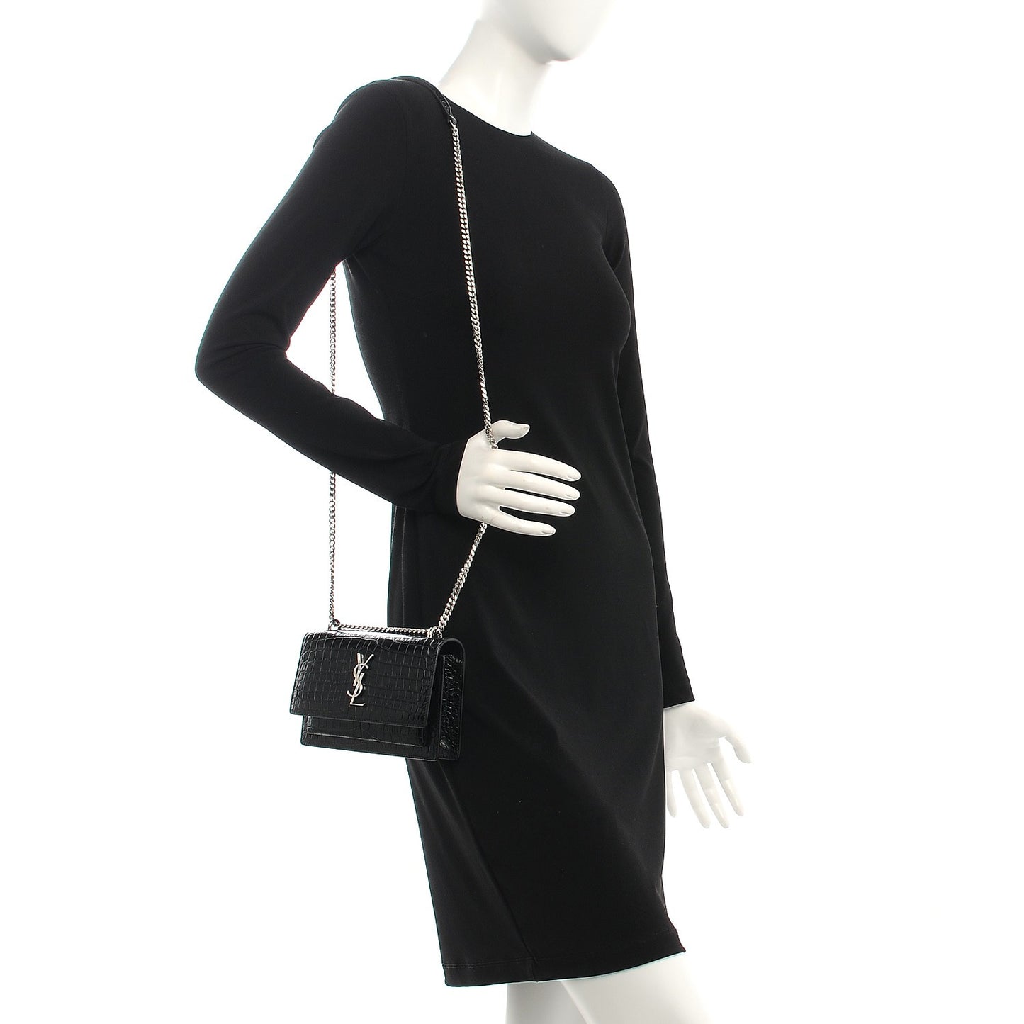 Calfskin Crocodile Embossed Monogram Sunset Chain Wallet Black