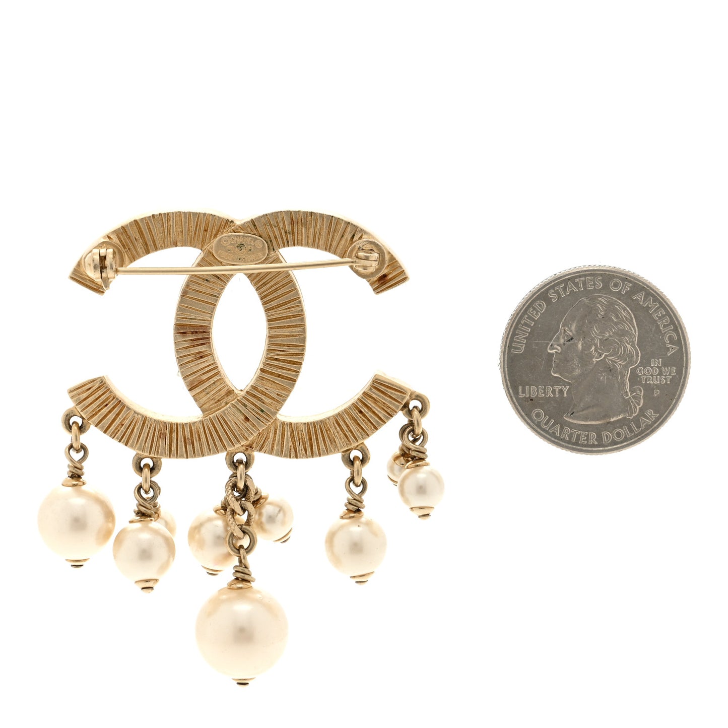 Chain Pearl Drop CC Brooch Gold