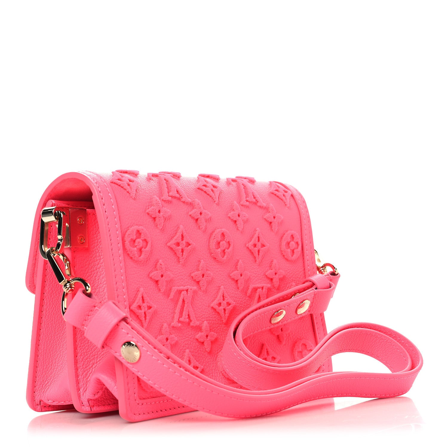 Louis Vuitton Grained Calfskin Tufted Monogram Mini Dauphine Fluo Pink 3 of 9