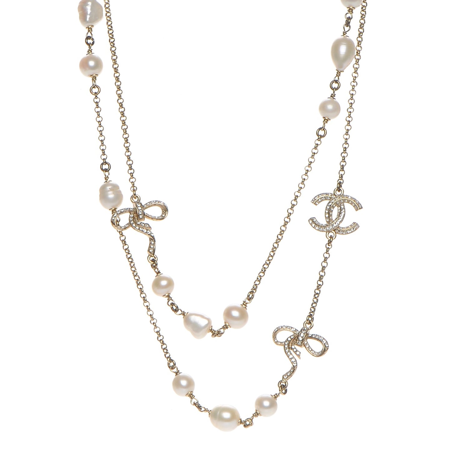 Crystal Pearl CC Bow Long Necklace Light Gold