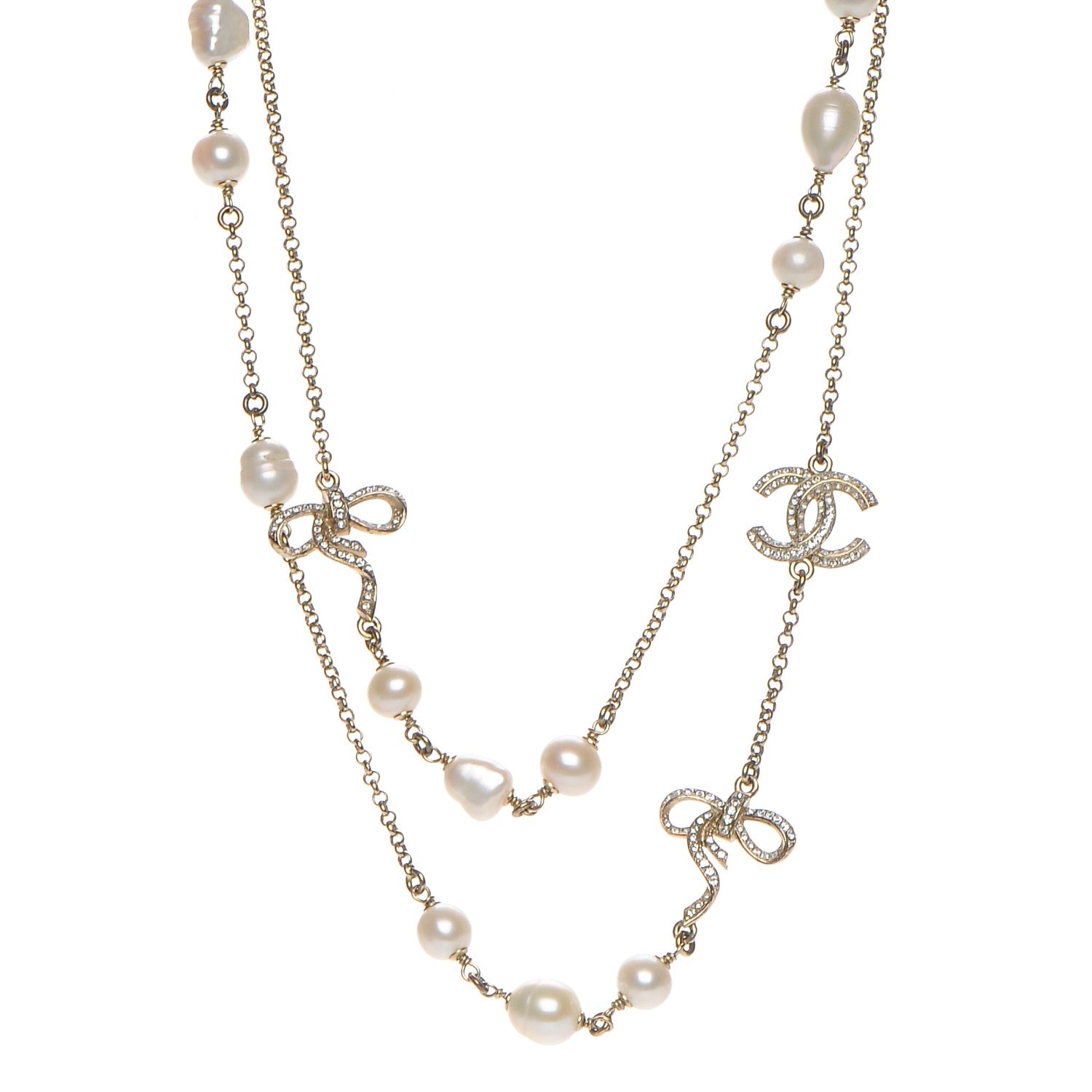 Chanel Crystal Pearl CC Bow Long Necklace Light Gold 1 of 9