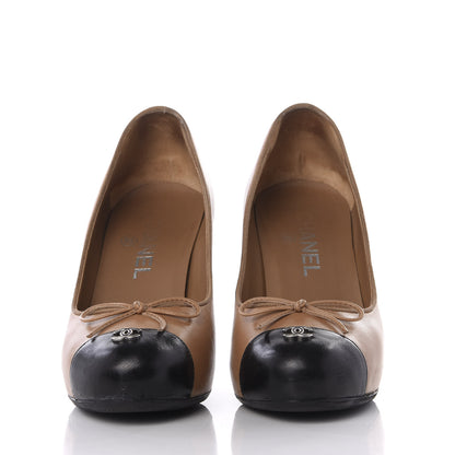 Chanel Lambskin Bow Cap Toe CC Pumps 37 Beige Black 2 of 11