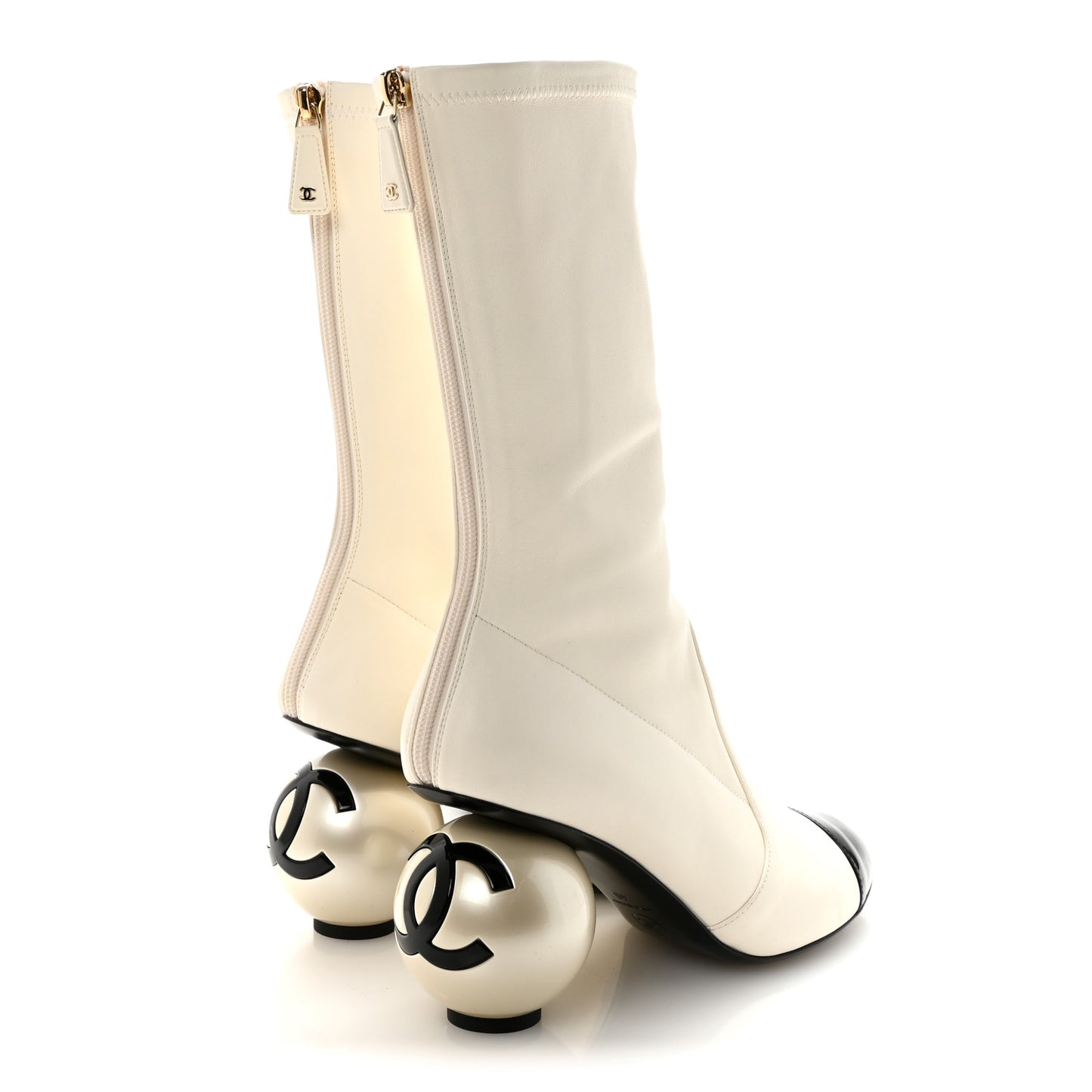 Stretch Lambskin Patent Cap Toe Pearl Ball Mid Calf Boots 40 White Black