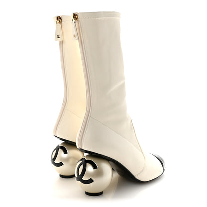 Chanel Stretch Lambskin Patent Cap Toe Pearl Ball Mid Calf Boots 40 White Black 5 of 10