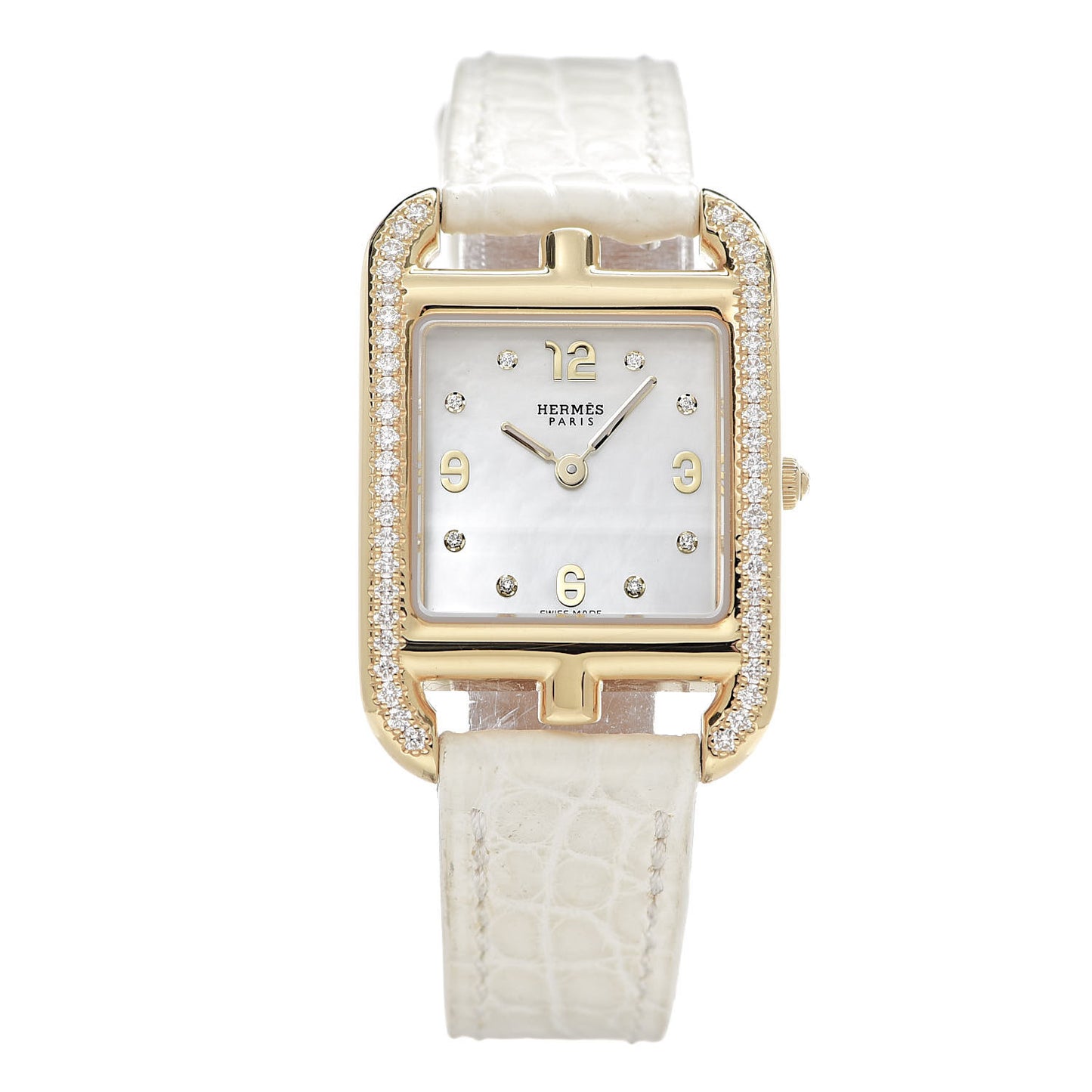 18K Yellow Gold Alligator Diamond Bezel Mother of Pearl 23mm Cape Cod Quartz Watch Blanc