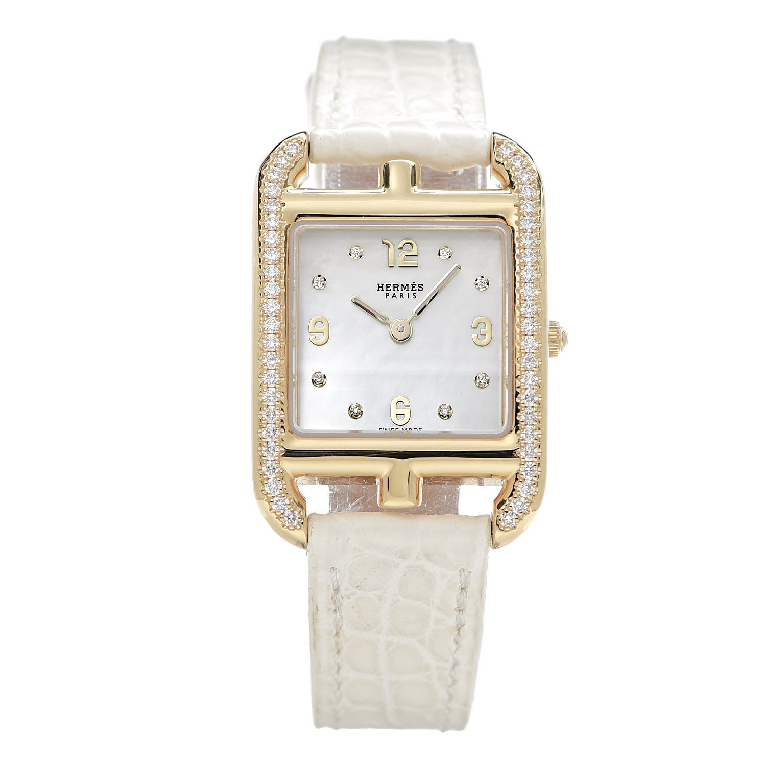 Hermes 18K Yellow Gold Alligator Diamond Bezel Mother of Pearl 23mm Cape Cod Quartz Watch Blanc 1 of 8