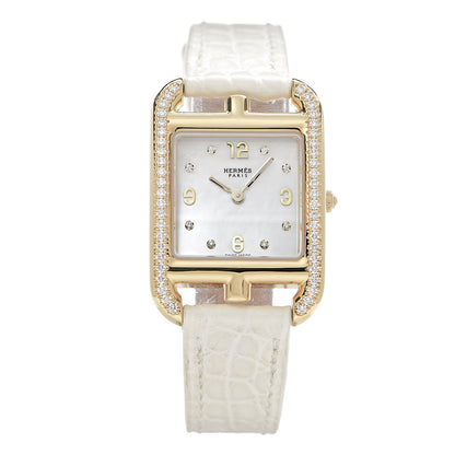 Hermes 18K Yellow Gold Alligator Diamond Bezel Mother of Pearl 23mm Cape Cod Quartz Watch Blanc 1 of 8