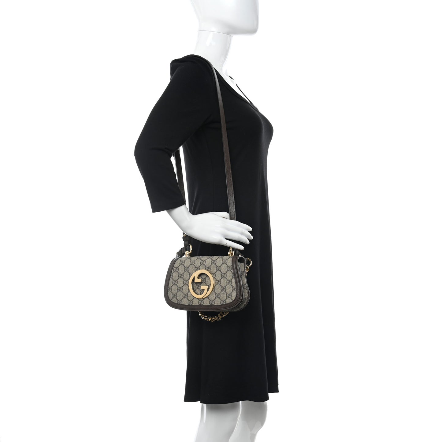 GG Supreme Monogram Textured Dollar Calfskin Mini Blondie Chain Shoulder Flap Bag Beige Ebony New Acero