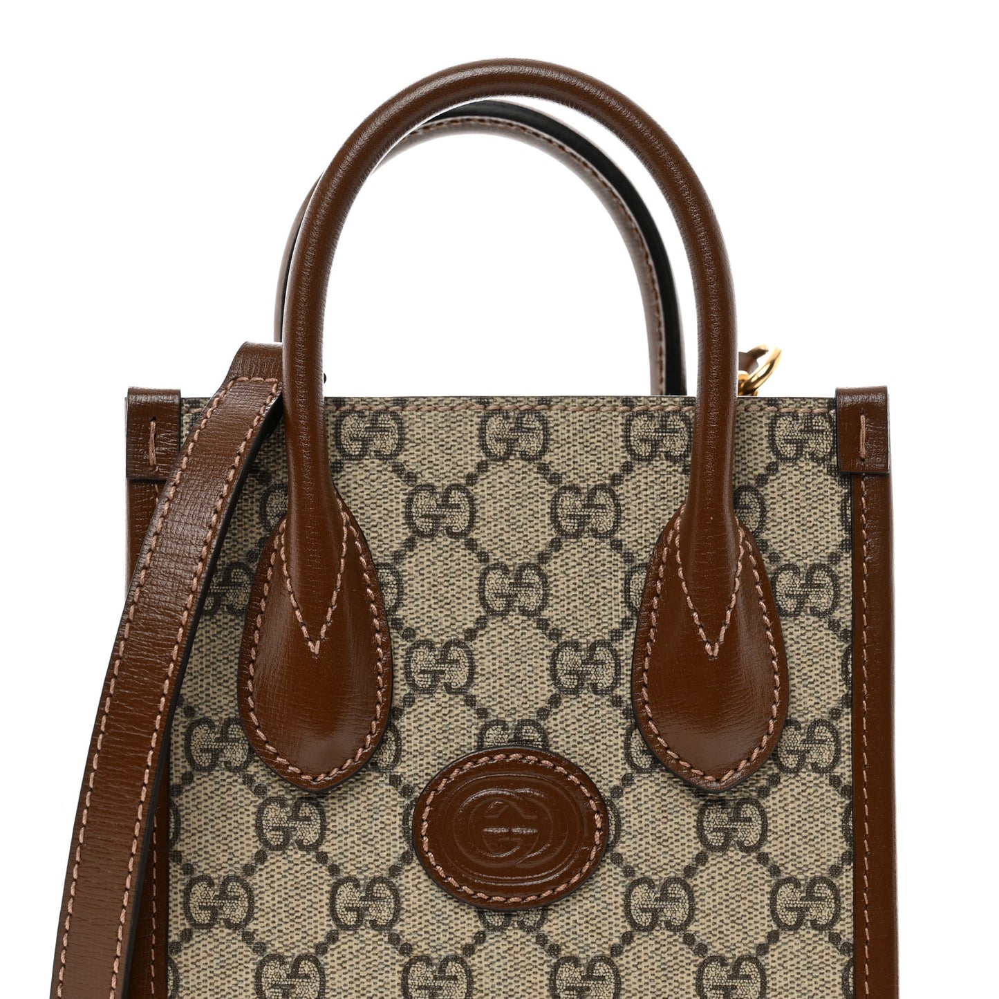 GG Supreme Monogram Azalea Calfskin Mini Retro Interlocking G Tote Bag Beige Ebony Brown Sugar