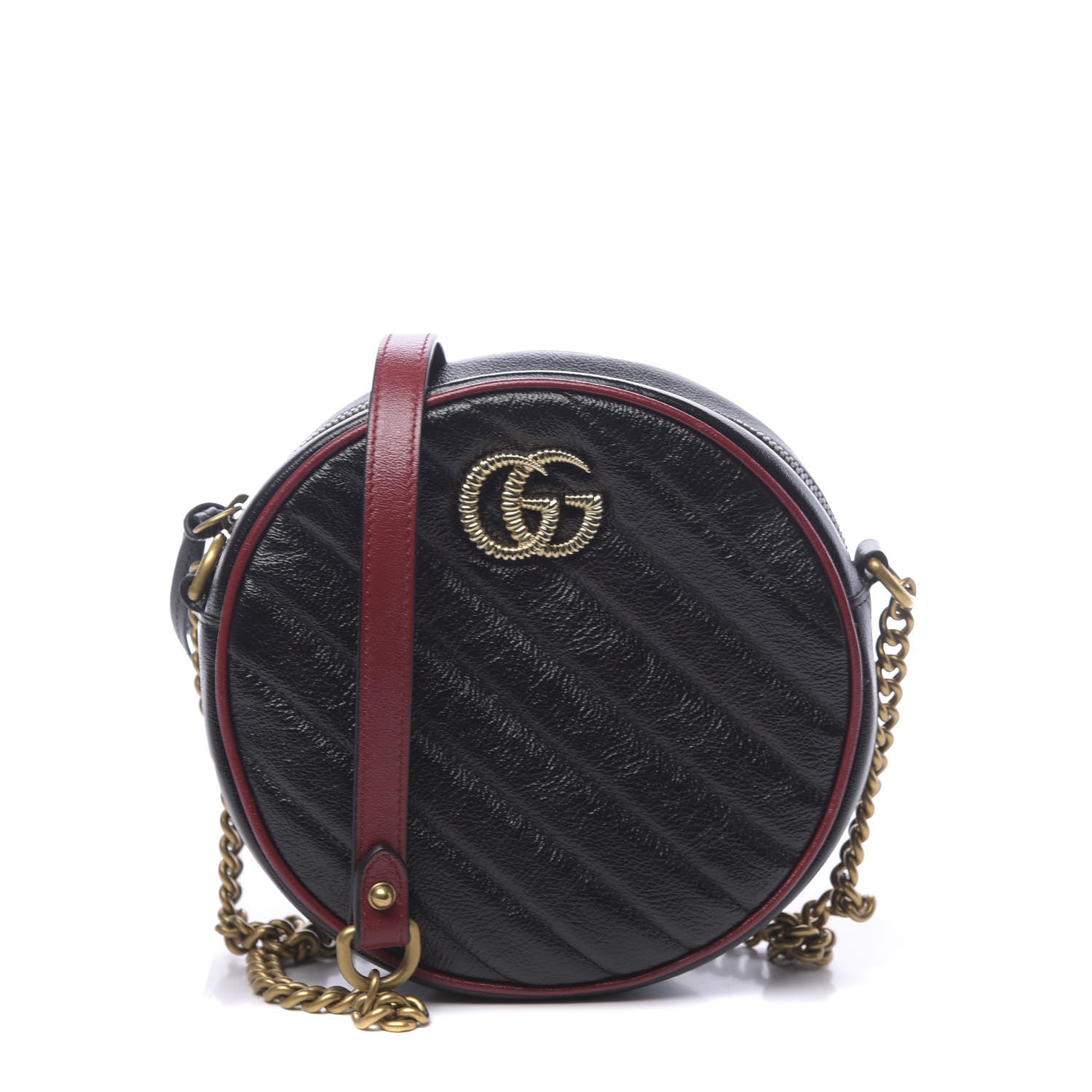 Gucci Vintage Effect Calfskin Matelasse Diagonal Mini Torchon GG Marmont Round Shoulder Bag Black Romantic Cherry 1 of 10
