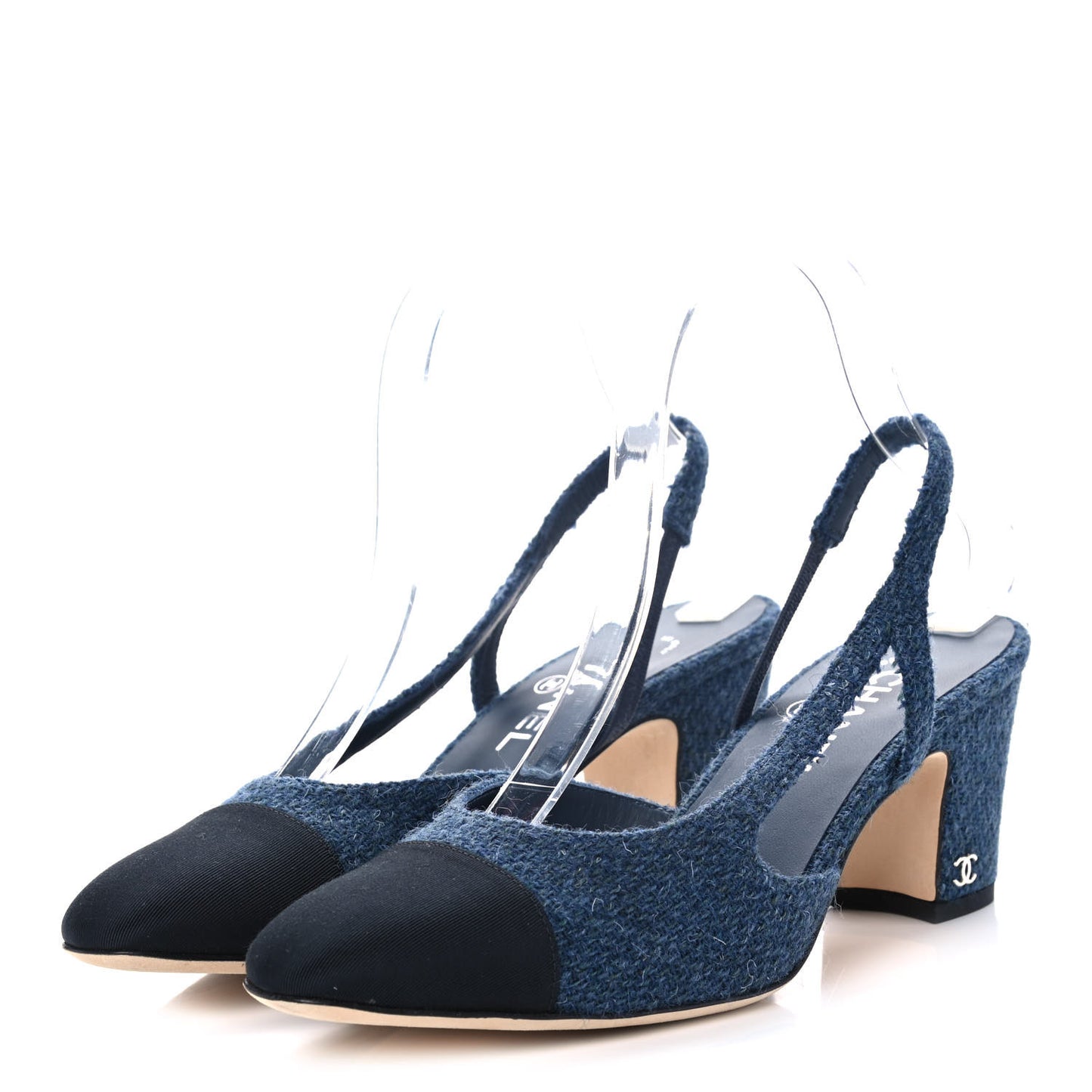 Tweed Grosgrain Cap Toe CC Slingback Pumps 38.5 Blue Black