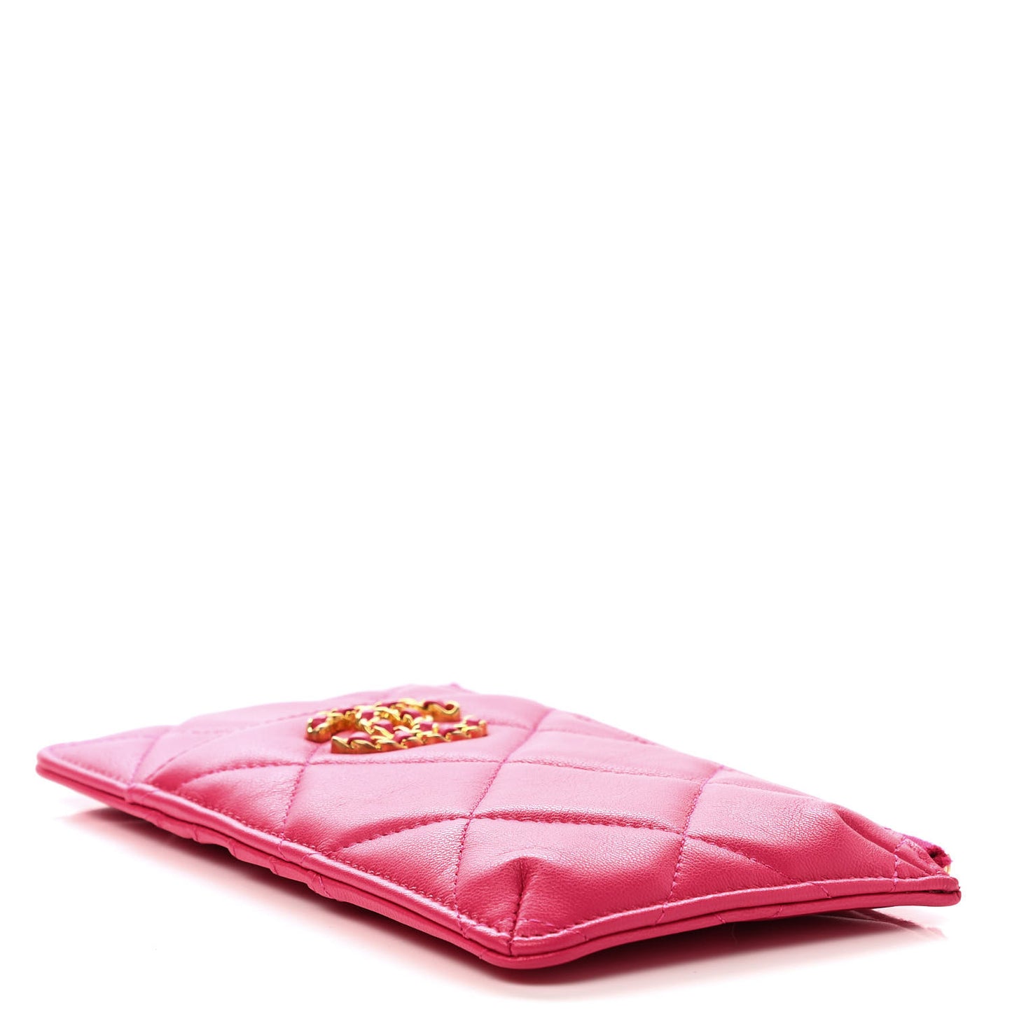 Shiny Goatskin Quilted Chanel 19 Flat Wallet Pouch Dark Pink