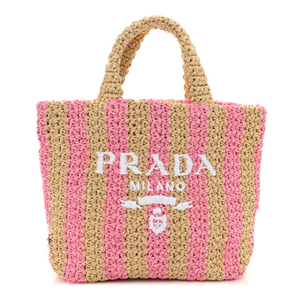 Prada Yarn Raffia Effect Crochet Striped Small Logo Tote Naturale Petalo 1 of 9