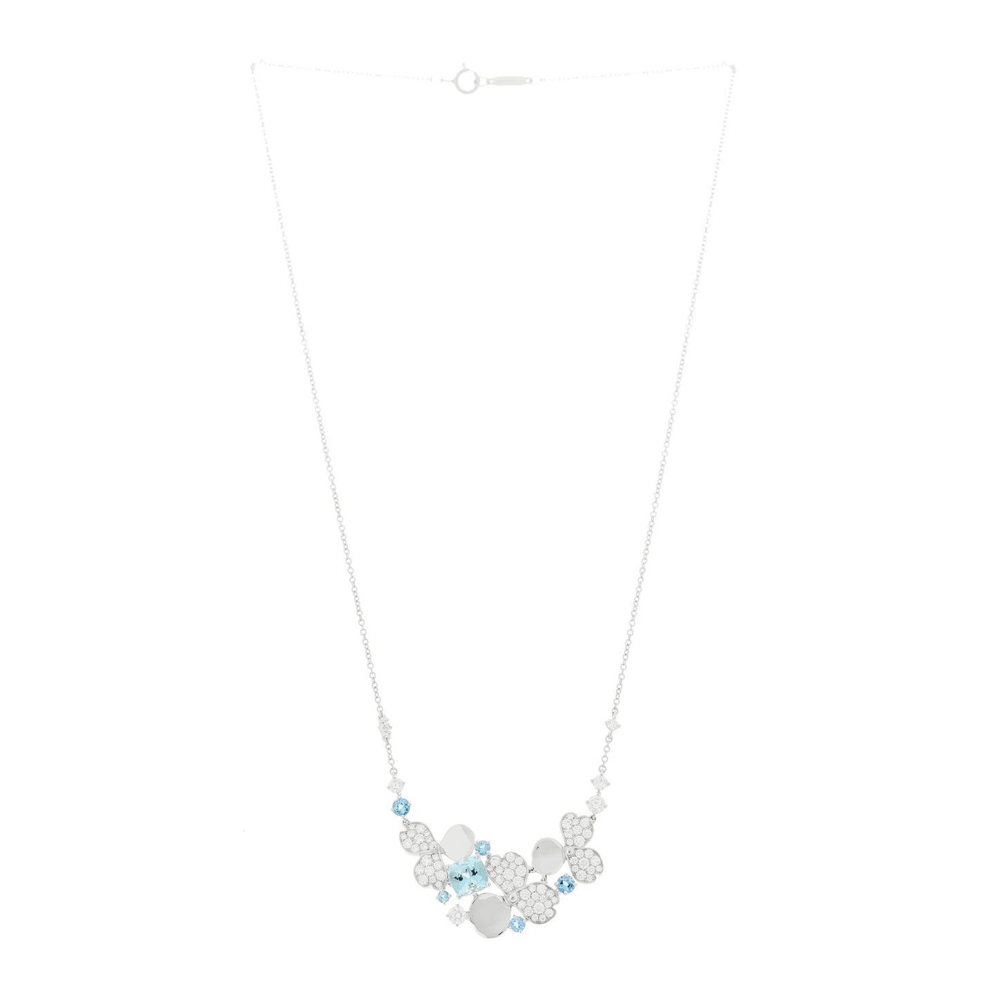 Platinum Diamond Aquamarine Paper Flowers Cluster Pendant Necklace
