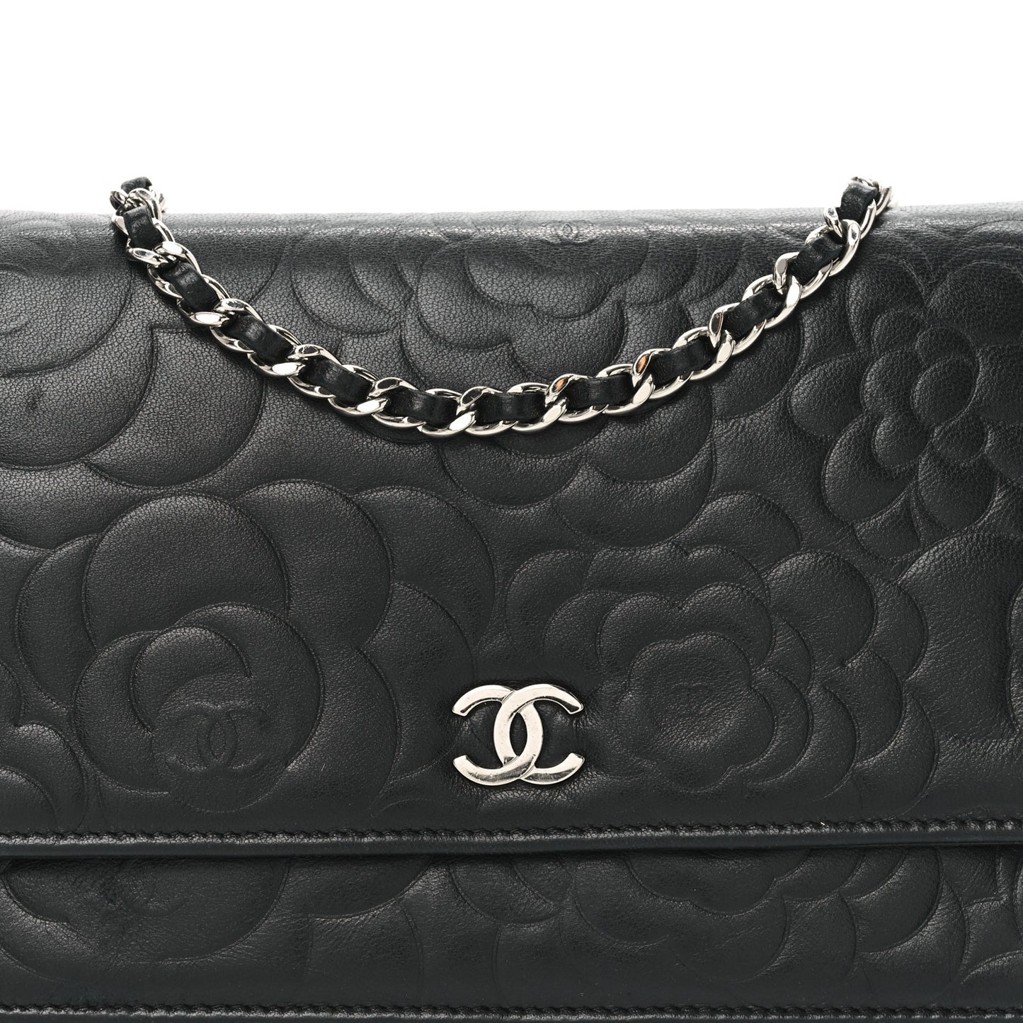 Lambskin Camellia Embossed Wallet on Chain WOC Black