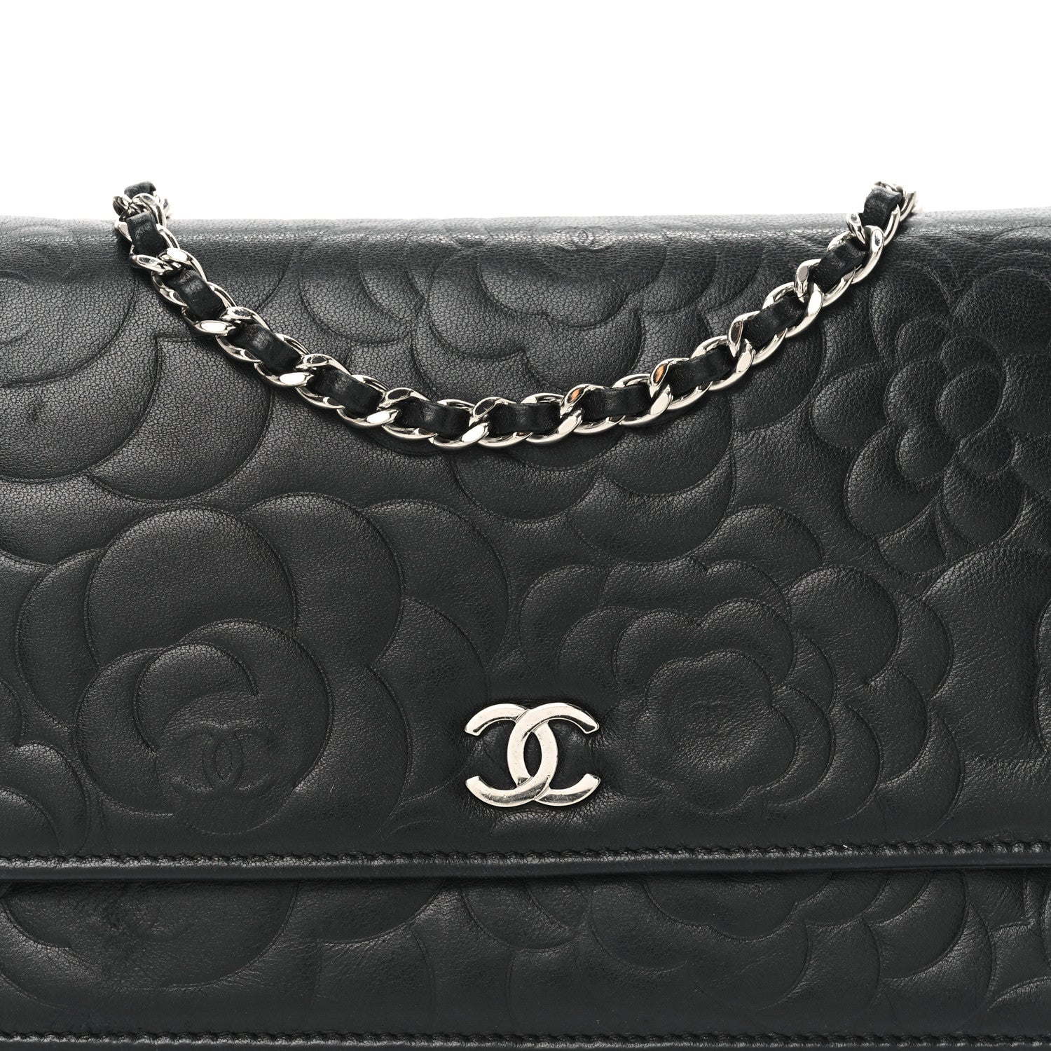 Chanel Lambskin Camellia Embossed Wallet on Chain WOC Black 8 of 11
