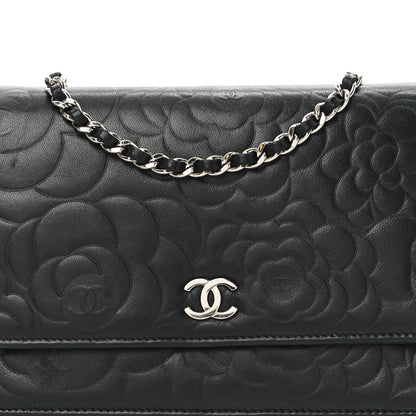 Chanel Lambskin Camellia Embossed Wallet on Chain WOC Black 8 of 11