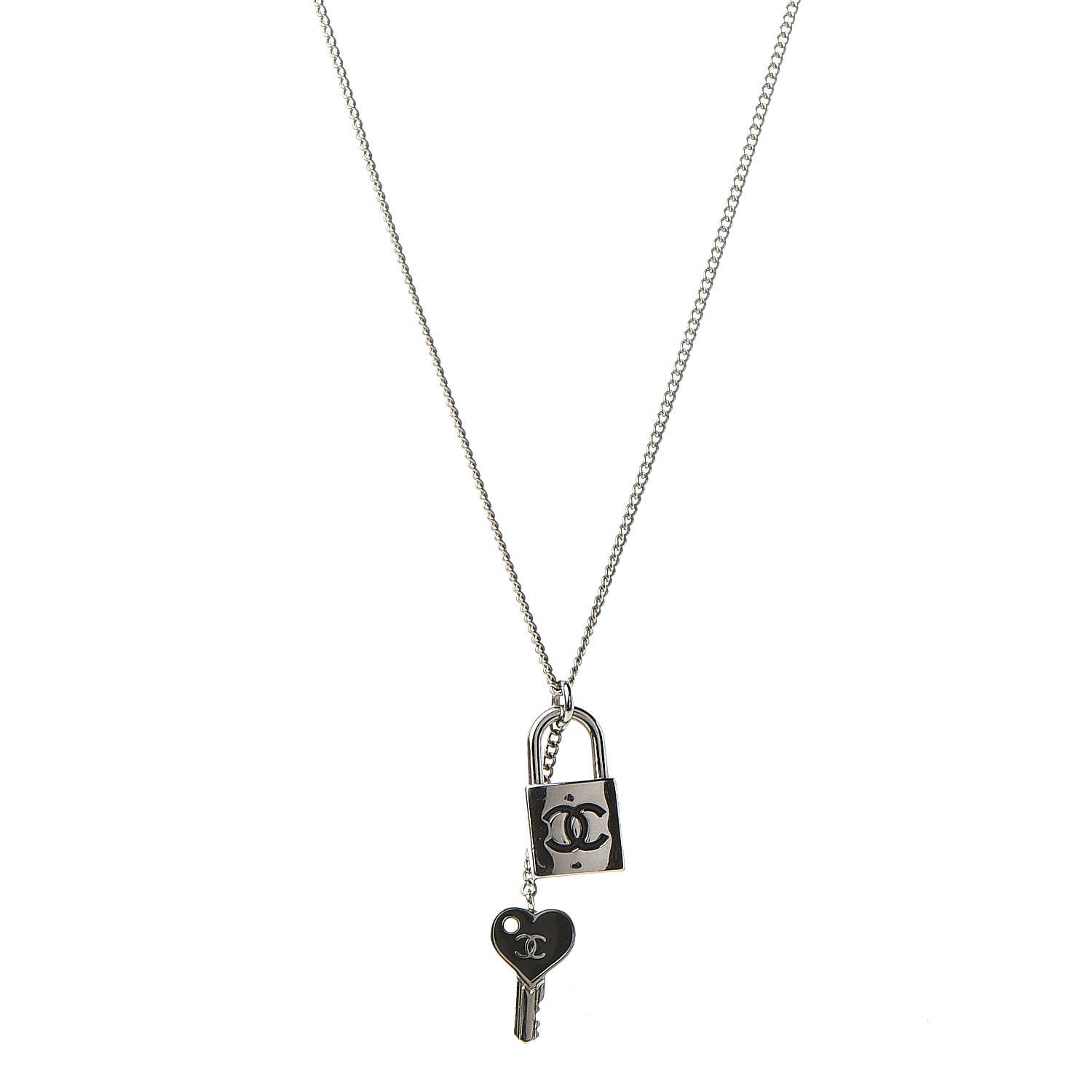 Chanel Enamel CC Padlock Heart Key Necklace Black Silver 1 of 6