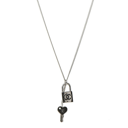 Chanel Enamel CC Padlock Heart Key Necklace Black Silver 1 of 6