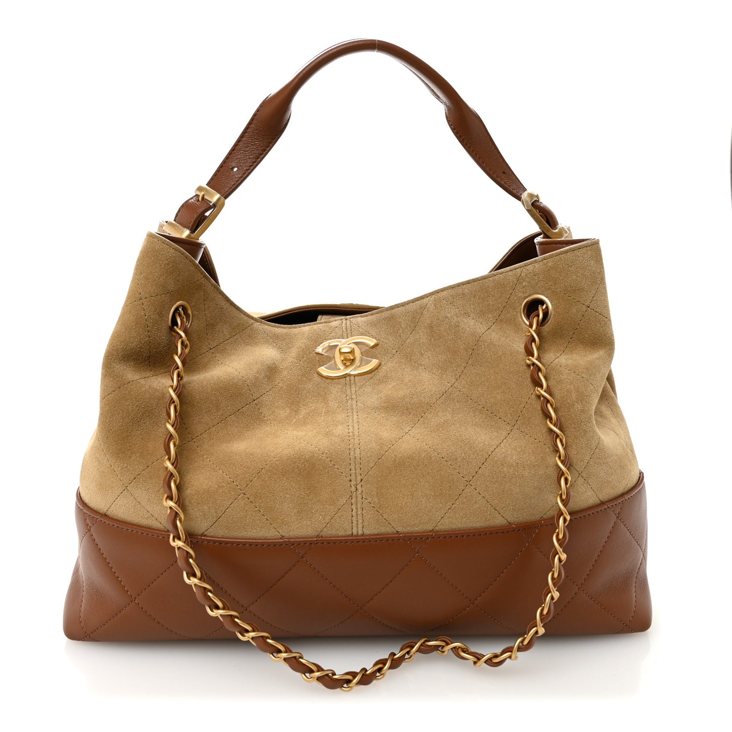 Suede Calfskin Shiny Lambskin Quilted Small Coco Base Shopping Bag Beige Camel
