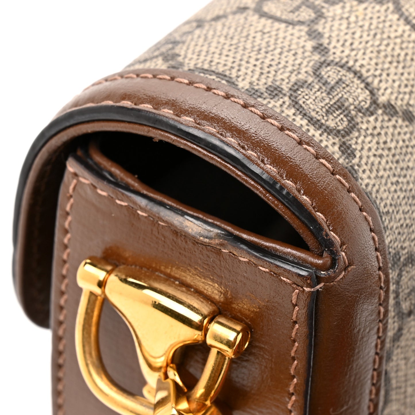 GG Supreme Monogram Azalea Calfskin Web Mini Horsebit 1955 Shoulder Bag Beige Ebony Brown Sugar