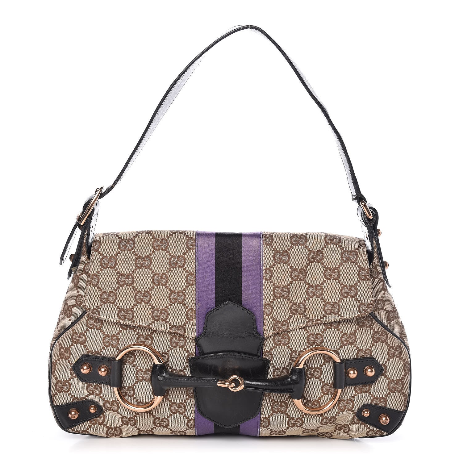 Gucci Monogram Horsebit Web Flap Bag Brown Purple 1 of 13