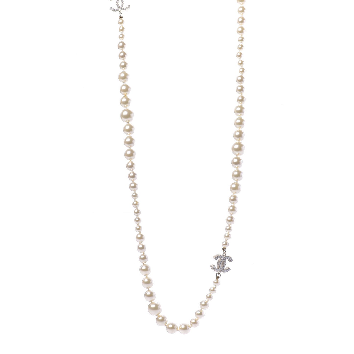 Graduated Pearl CC Long Necklace Silver