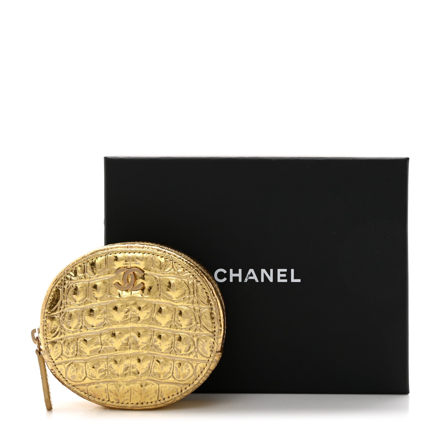Metallic Calfskin Crocodile Embossed Cocodile Zip Around Classic Coin Purse Gold