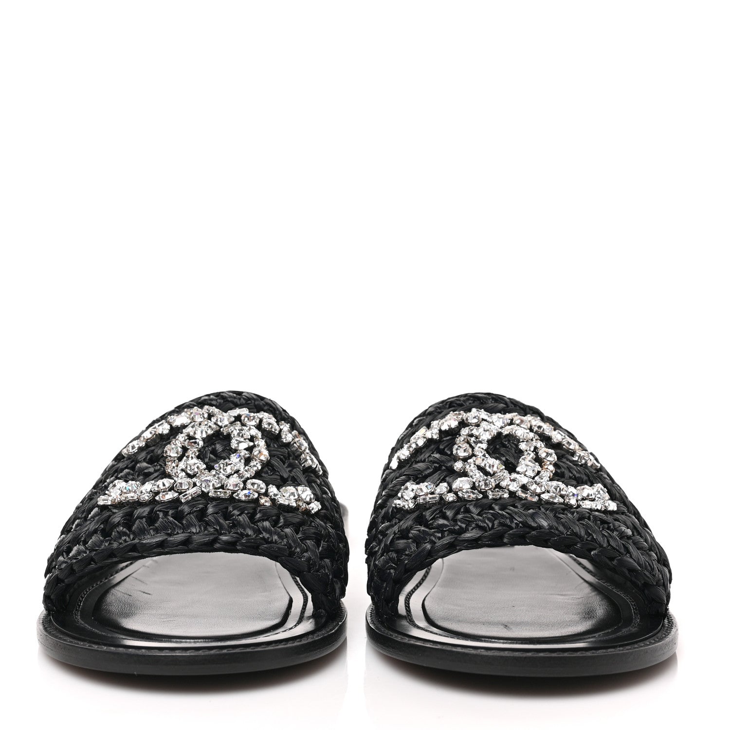 Chanel Raffia Crystal CC Mules Sandals 38.5 Black 2 of 9
