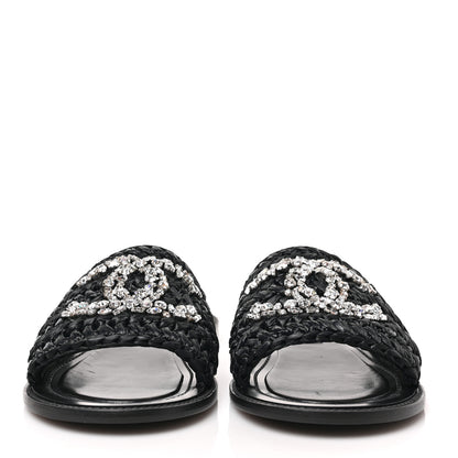 Chanel Raffia Crystal CC Mules Sandals 38.5 Black 2 of 9