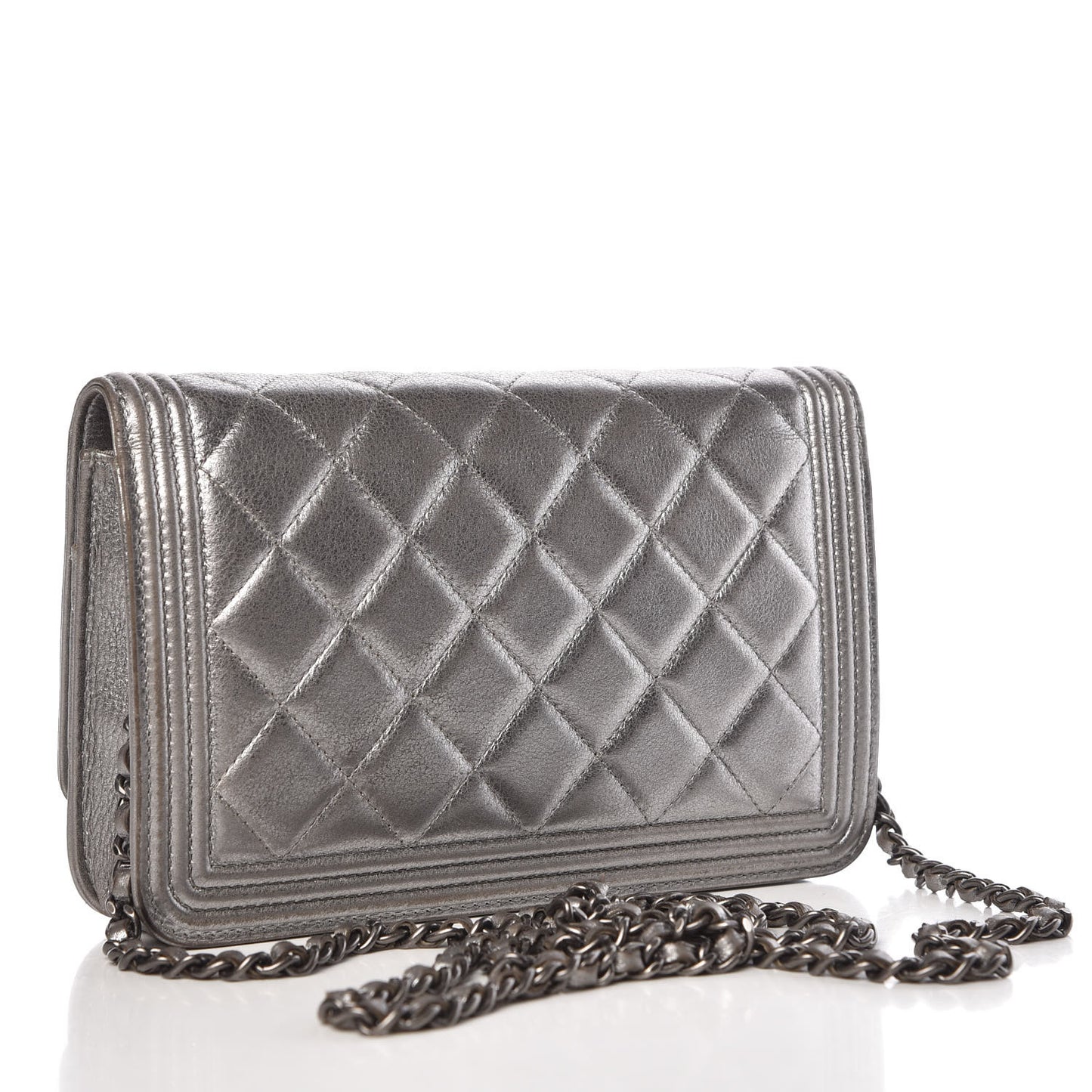 Metallic Calfskin Quilted Boy Wallet On Chain WOC Silver