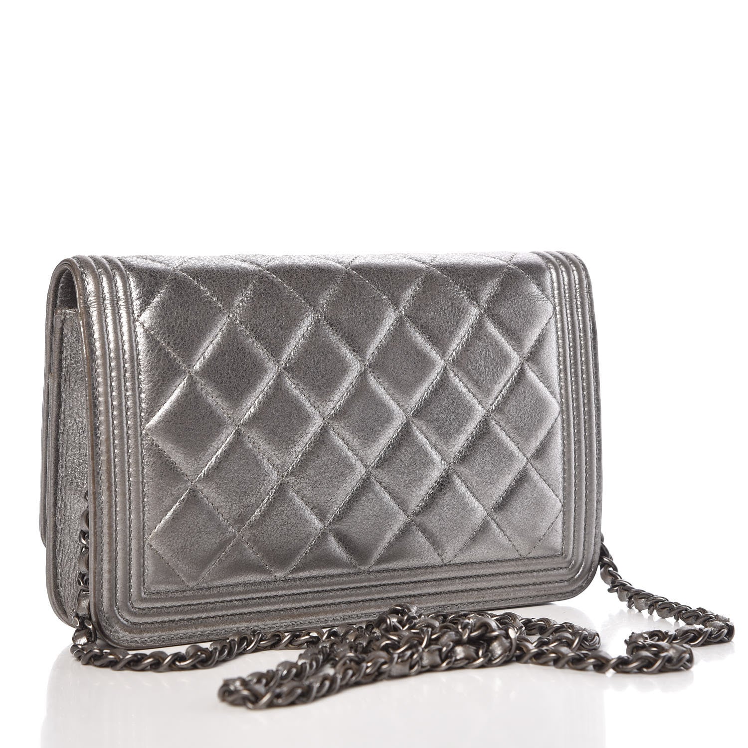 Chanel Metallic Calfskin Quilted Boy Wallet On Chain WOC Silver 3 of 13